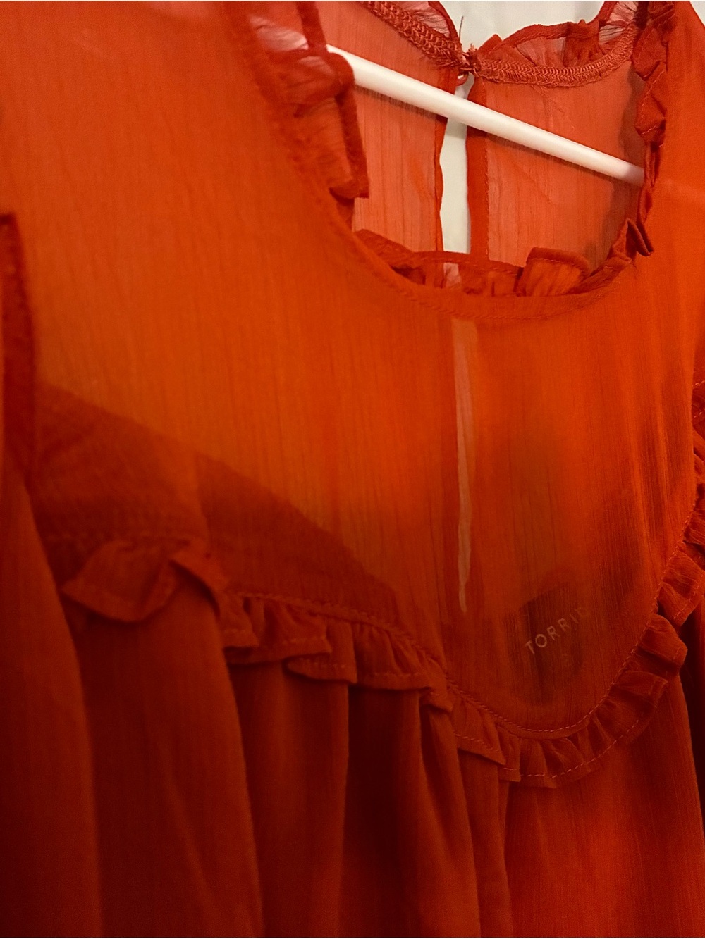 torrid Sheer Ruffle-Trim Blouse in Bright Orange-Red